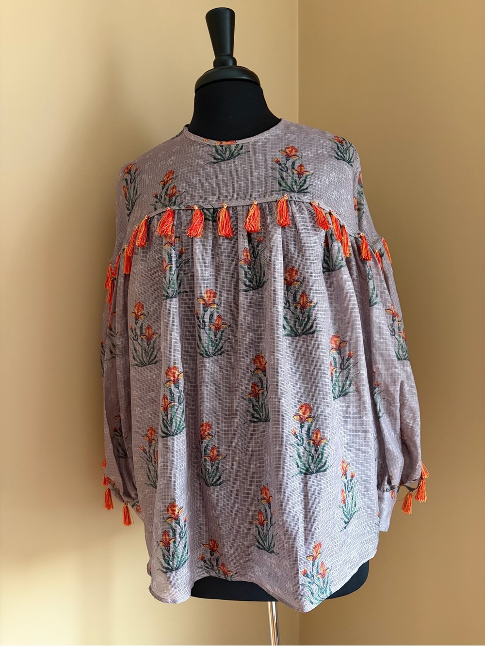 Anthropologie Lavender Floral Tassel Peasant Top with Orange Trim